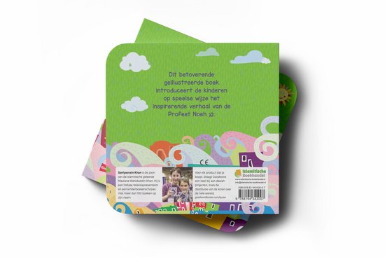 De achterkant van een kinderboek over Noach's ark, met illustraties van dieren en wolken. Tekst in het Nederlands.