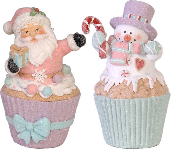 Viv! Christmas Kerstbeeld - Kerstman en Sneeuwpop in Cupcake - set van 2 - pastel - roze - 15 en 19cm