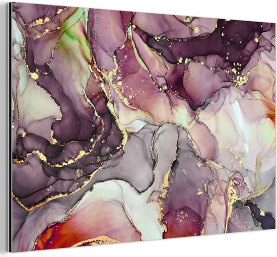 Décoration murale Métal - Peinture Aluminium Industriel - Marbre - Rouge - Violet - Or - 150x100 cm - Dibond - Photo sur aluminium - Décoration murale industrielle - Pour le salon/chambre