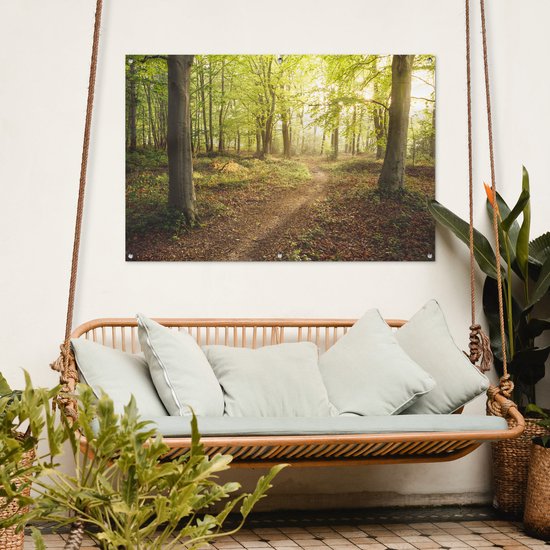 Tuinposter van een bos met een pad, hangend aan een witte muur bij een hangmat. De zon schijnt door het bladerdak.