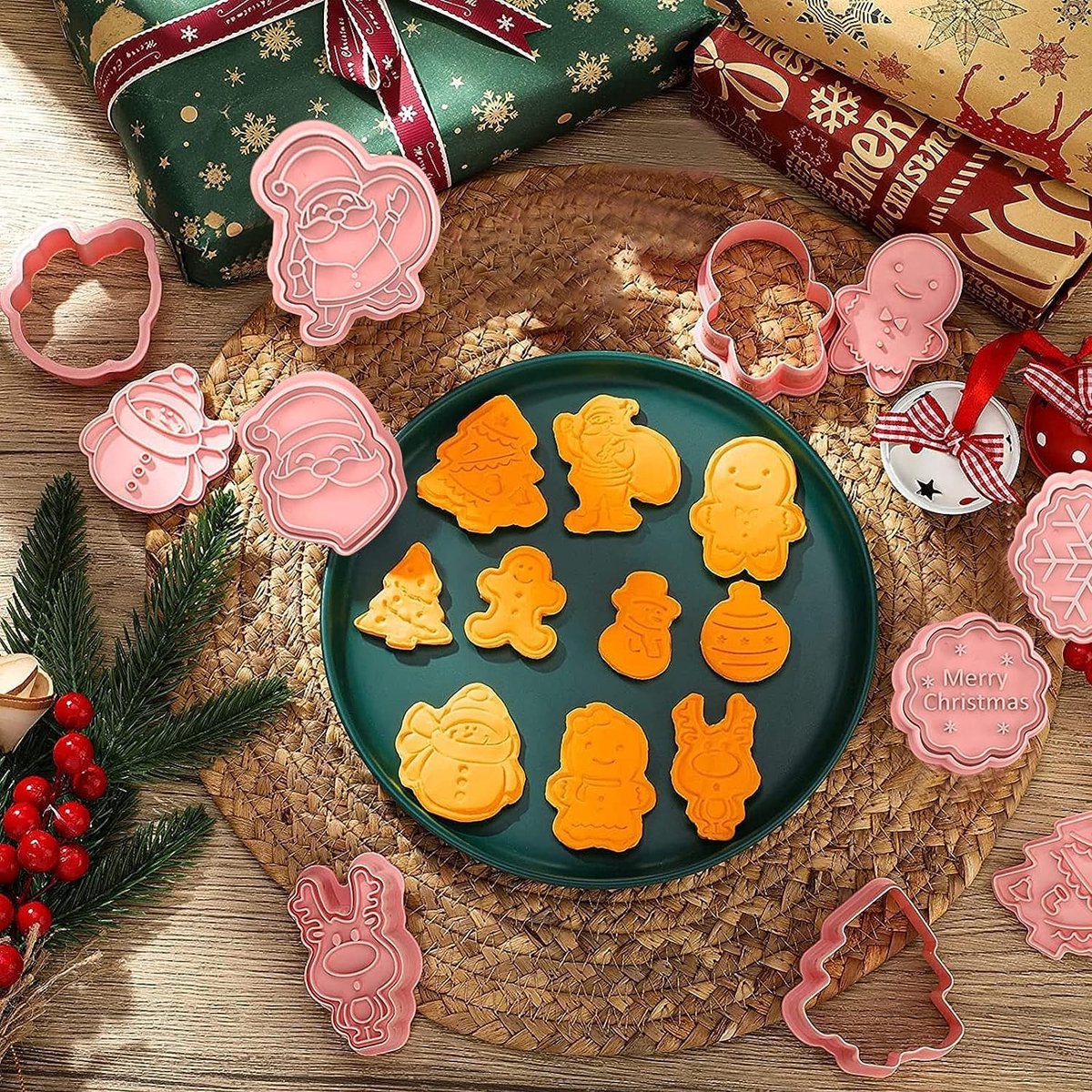 Cookie Cutter voor kinderen, 8 stuks koekjessnijders, koekjesvorm dieren, koekjesvorm, fondant uitsteekvormen, uitsteekvormen voor brood en groenten voor kinderen, sandwich cutter (Kerstmis)