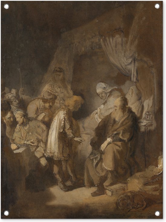 Tuinschilderij Jozef vertelt zijn dromen aan zijn ouders - Rembrandt van Rijn - 60x80 cm - Tuinposter - Tuindoek - Buitenposter