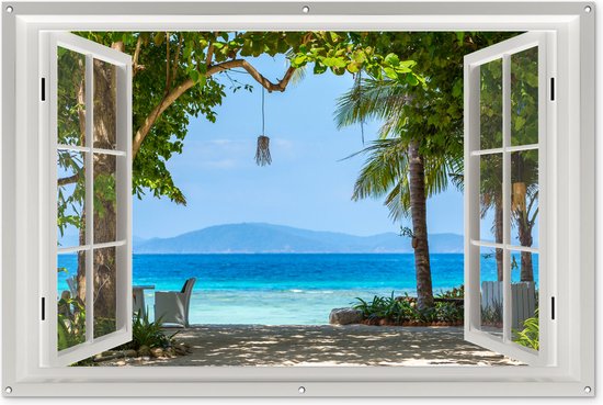 Tuinposter raam - Doorkijk - Strand - Zee - Natuur - Palmbomen - Berg - Tuindecoratie - Tuin - Tuinschilderij voor buiten - Schutting decoratie - 180x120 cm - Tuindoek - Buitenposter - Schuttingdoek