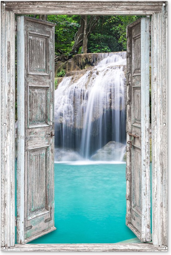 Affiche de jardin - Vue à travers - Cascade - Paysage - Arbres - Forêt tropicale - 120x180 cm - Toile de clôture - Décoration de jardin- Toile de jardin