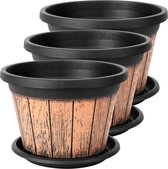 BELLE VOUS Set van 3 plantenpotten 23 cm - hars whiskyvat plantenbakken met drainagegaten en trays - plastic decoratie bloempotten houten vat ontwerp voor binnen buiten tuin
