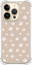 Shockproof hoesje - Geschikt voor iPhone 14 Pro - Cute flowers - Extra sterke case - TPU/polycarbonaat - Bloemen - Beige, Transparant