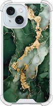 Shockproof hoesje - Geschikt voor iPhone 15 - Marmer groen goud - Extra sterke case - TPU/polycarbonaat - Marmer - Groen, Transparant