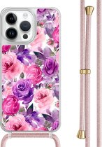 Casimoda® hoesje met rosegoud koord - Geschikt voor iPhone 13 Pro Max - Rosy Blooms - Afneembaar koord - TPU/polycarbonaat - Paars