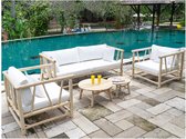 MYLIA Loungeset: 3-zitsbank + 2 stoelen + 2 salontafels - Lichtkleurig teakhout & wit - TULUM L 201 cm x H 77 cm x D 92 cm