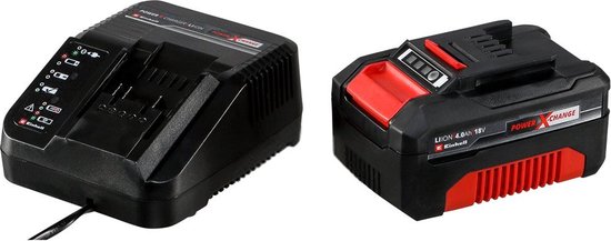 Einhell Power X-Change accu en oplader, zwart met rode accenten.