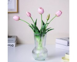 16 inch Premium Real Touch Nep Tulpen Kunstbloemen met Knoppen, Flexibele Stam Gemakkelijk te Vormen, Faux Tulpen voor Home Decor Indoor (Vaas niet inbegrepen), 5-Pack Set Piggy Pink