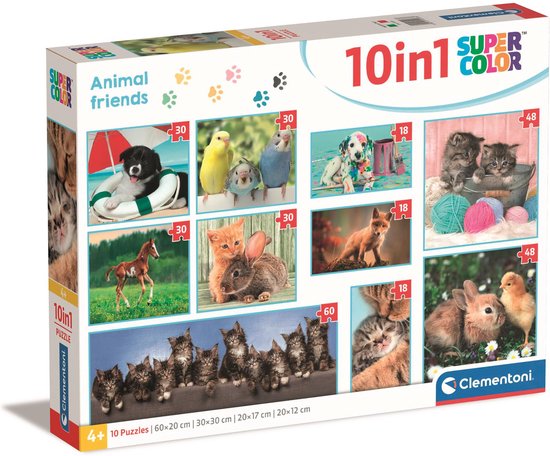 Clementoni - Kinderpuzzel 10 in 1 - Diverse Huisdieren - Puzzels van 18, 30, 48 en 60 Stukjes - Geschikt Vanaf 4 Jaar
