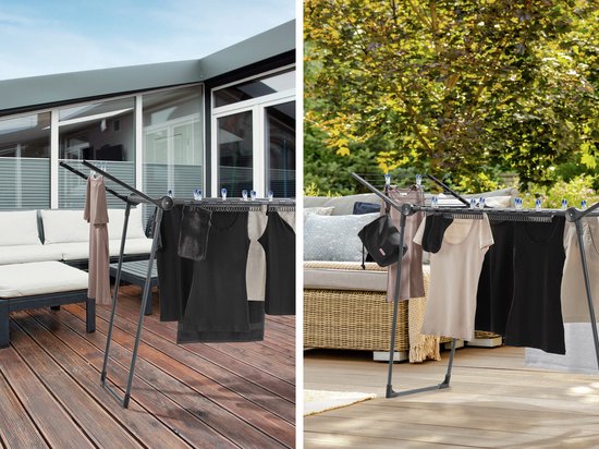 Collage van twee afbeeldingen: droogrek met kleding op een balkon en onder een boom.