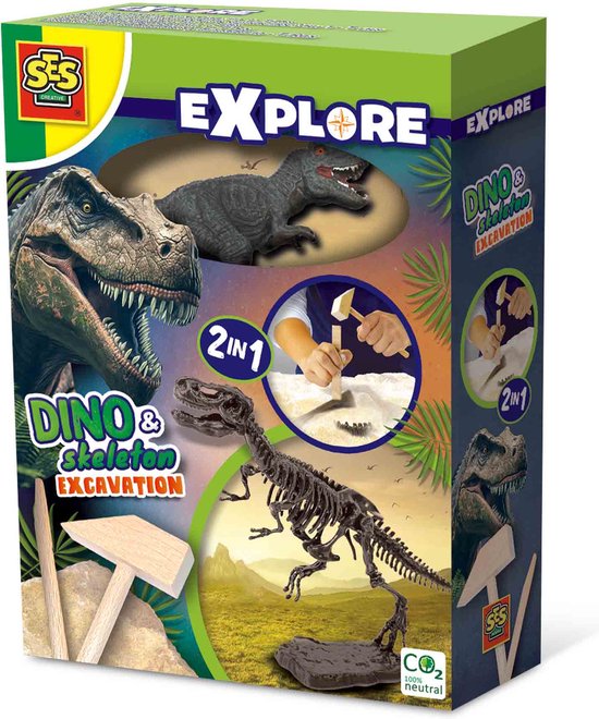 SES - Explore - Dino en skelet opgraven 2 in 1 - T-rex - bikblok met skelet - complete set met houten hamer en beitel