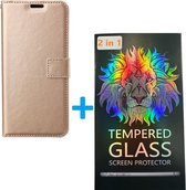 Portemonnee Book Case Hoesje + 2x Screenprotector Glas Geschikt voor: Xiaomi Redmi Note 9 - Goud