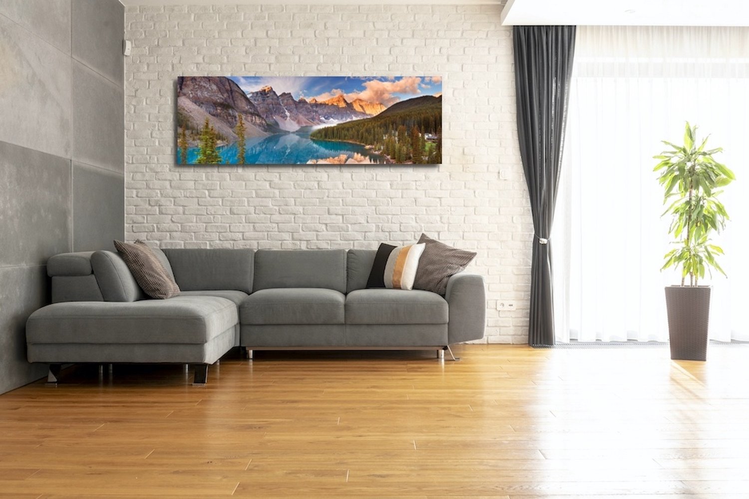 karo-art Schilderij - Morene Meer, Nationale park van Banff, Canada, panorama, 2 maten Multikleur