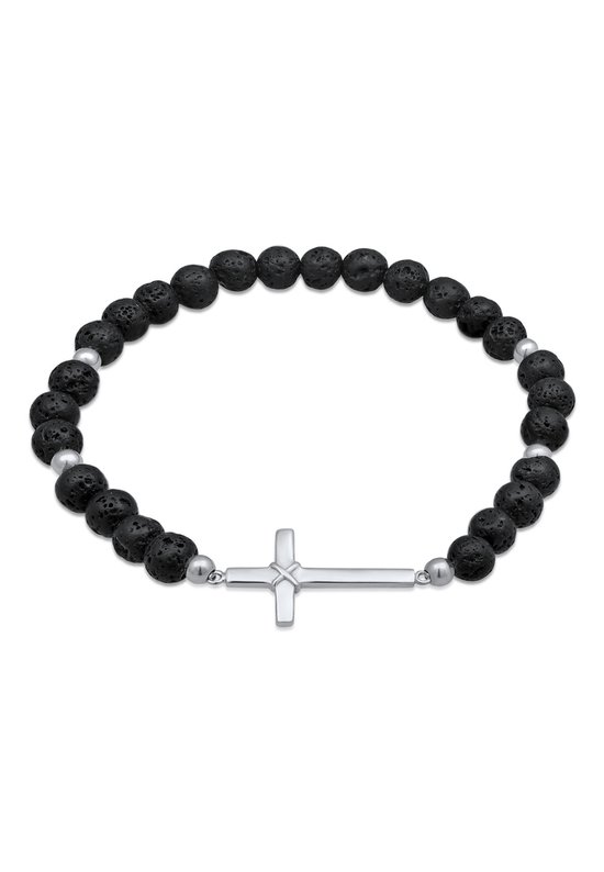 KUZZOI Bracelet Homme Pendentif Croix Religion avec Perles de Lave noir en Argent Sterling 925