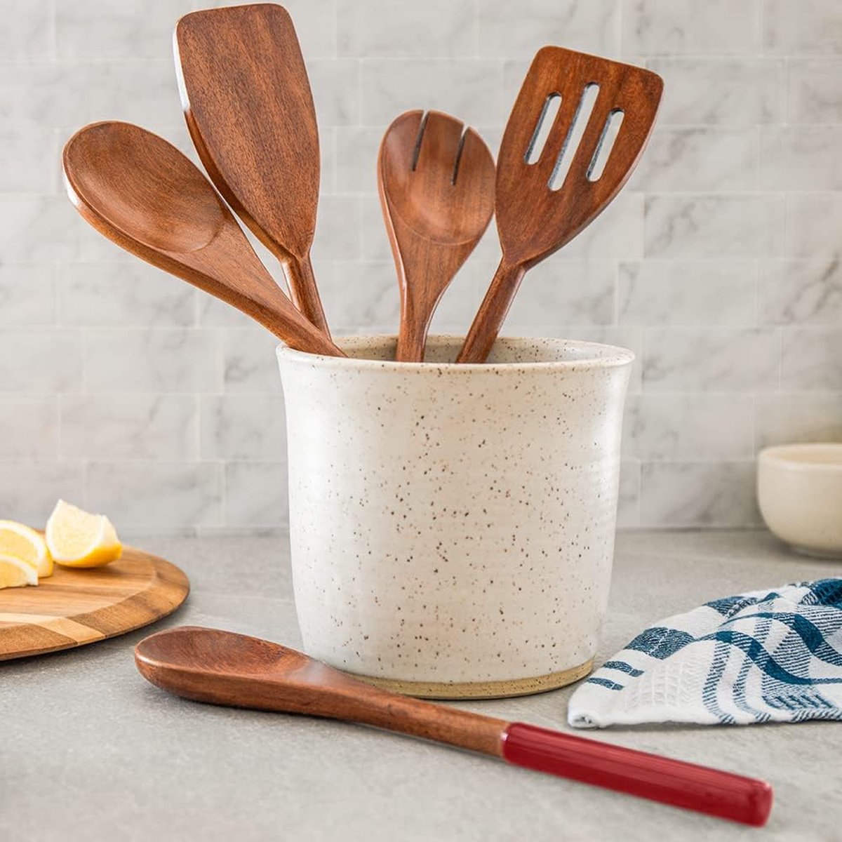 Lot De 5 Cuillères & Spatules En Bois D'Acacia Naturel – Ustensiles De Cuisine Anti-Rayures, Non-Toxiques Et Durables Pour Poêles Anti-Adhésives