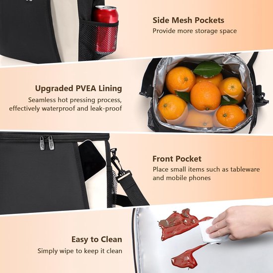 Lunchtas 8,6 liter, geïsoleerde en lekvrije koeltas, thermische lunchtas met verstelbare schouderband, voor werk, school, picknick, zwart van TaoXiang — afbeelding 4