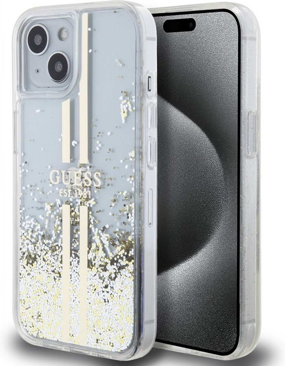 Guess Liquid Glitter Gold Stripe Back Case - Apple iPhone 15 Plus (6.7") - Transparant