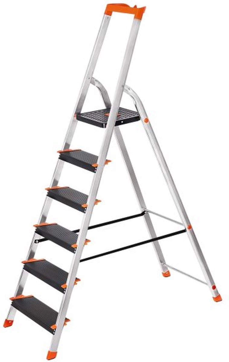 Goedkoopste Ladder 6 treden, aluminium ladder, 12 cm brede treden, trapladder, gereedschapsbakje, vouwladder, antislip, max. statische belasting 150 kg
