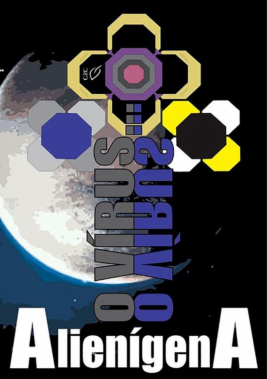 Boekomslag met een maan op zwarte achtergrond, abstracte geometrische patronen en de titel 'O Vírus Alienígena'.