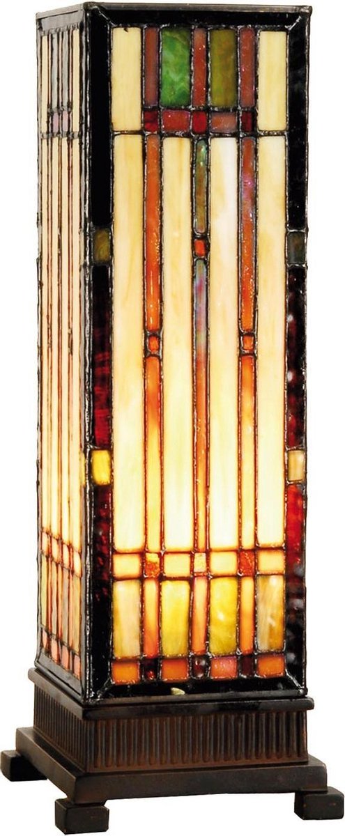 LumiLamp Tiffany Tafellamp 12x12x35 cm Beige Bruin Glas Rechthoek Tiffany Bureaulamp - Lumilamp