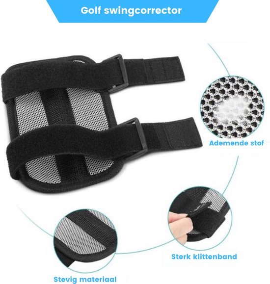 Zwarte golf elleboogbrace met klittenband, ademende stof en stevig materiaal.