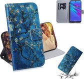 Abrikoos Bloempatroon Gekleurde Tekening Horizontale Flip Leren Case voor Huawei Y6 (2019), met houder & kaartsleuven & portemonnee