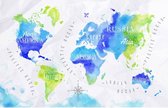 Canvas Wereldkaart Blauw Groen Aquarel