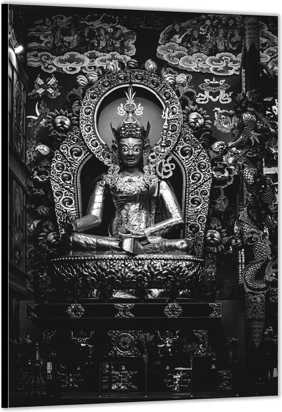 Dibond –Buddha (zwart-wit)– 40x60cm Foto op Aluminium (Met Ophangsysteem)