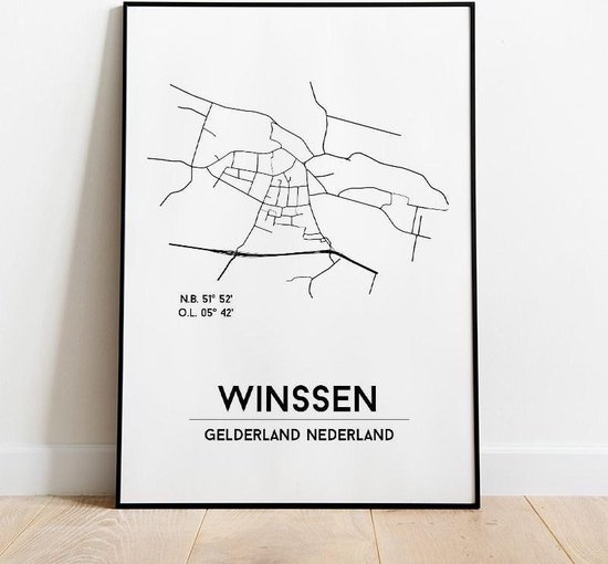 Winssen city poster, A3 (30x40 cm) met lijst, plattegrond poster, woonplaatsposter, woonposter