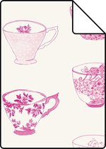 Proefstaal ESTAhome behang kopjes en schoteltjes roze - 138154 - 26,5 x 21 cm