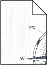 Proefstaal ESTAhome behangpapier kompasroos op sloophout donkerblauw en wit - 138975 - 26,5 x 21 cm
