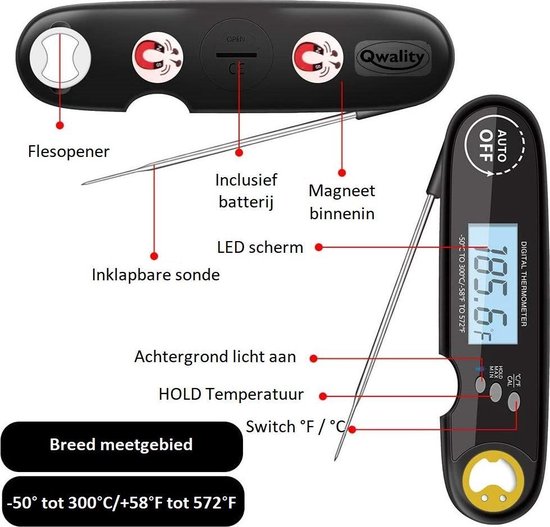 Nauwkeurige Keukenthermometer met Ophangmagneet – Waterdicht - Digitale BBQ thermometer - Vleesthermometer keuken - Kernthermometer - Temperatuur range -50 °C tot 300°C - Qwality4u - Qwality