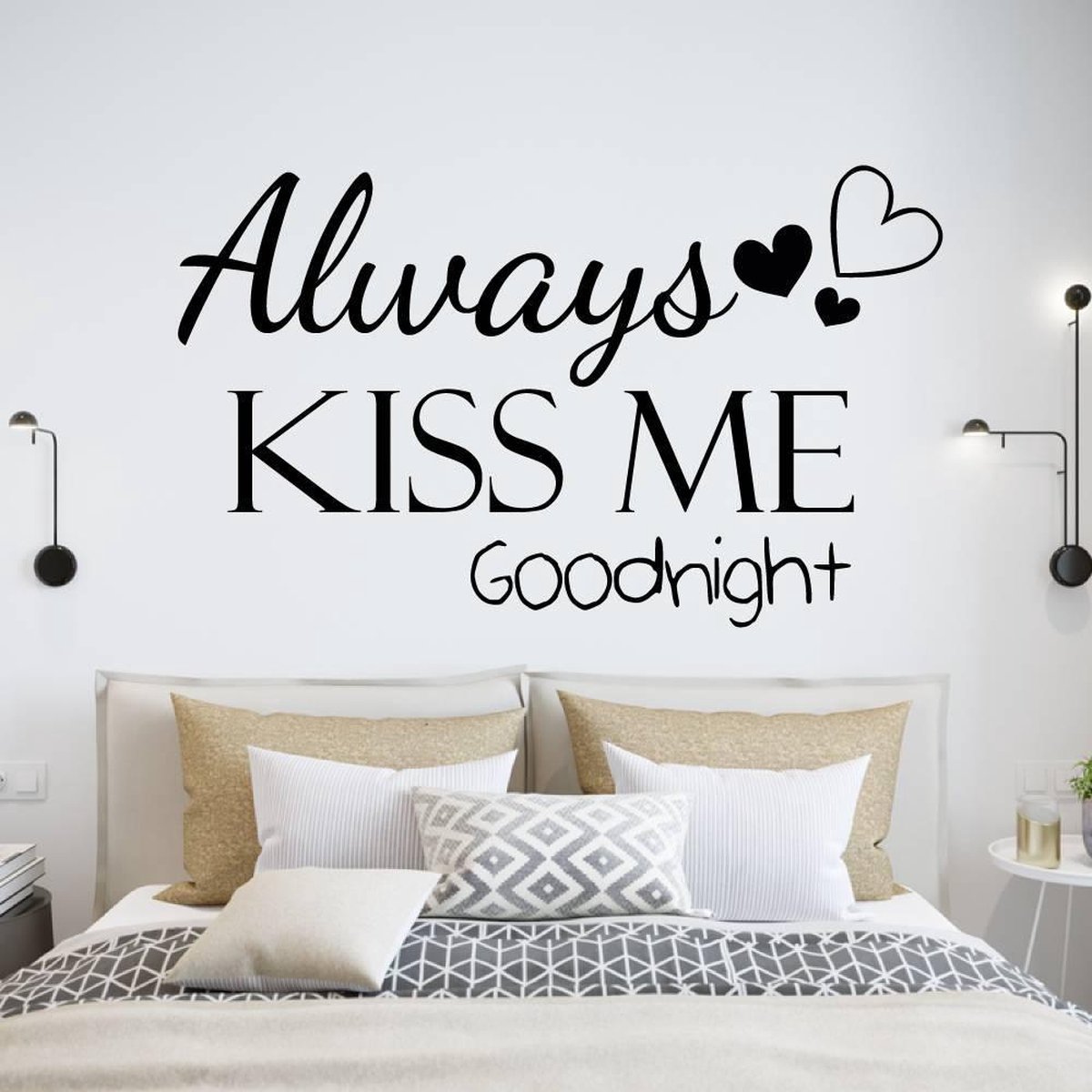 Muursticker Always kiss me goodnight met hartjes - Zwart - 160 x 96 cm slaapkamer