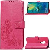 Lucky Clover geperste bloemenpatroon lederen tas voor Huawei Mate 20, met houder en kaartsleuven en portemonnee en handriem (magenta)