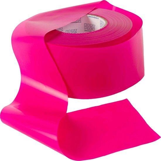Afzetlint van 75mm breed en 250 meter lang in fel roze. Op de rol staat "Kortpack".