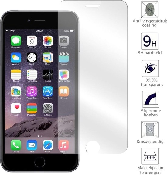 iPhone met een screenprotector ernaast, met icoontjes die 9H hardheid, 99,9% transparantie, afgeronde hoeken en krasbestendigheid aangeven.