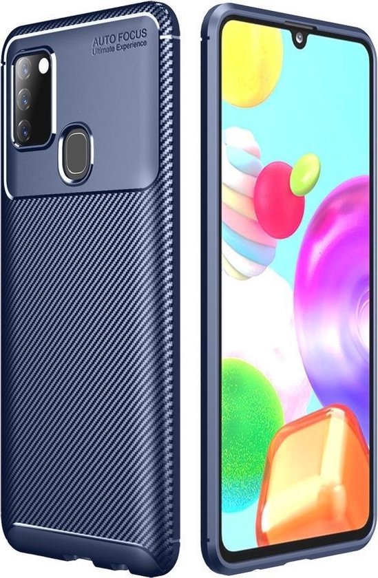 Carbon Fiber TPU Back Cover Samsung Galaxy A21s Hoesje Blauw