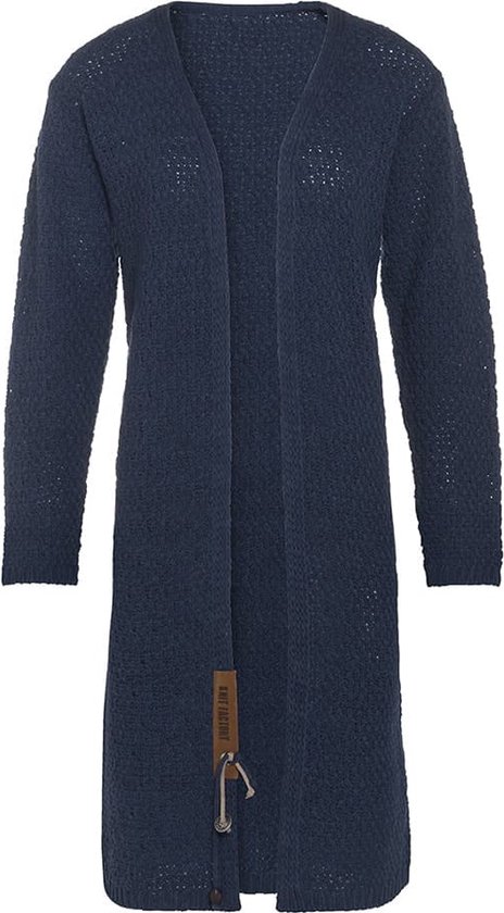 Knit Factory Luna Lang Gebreid Vest Jeans - Gebreide dames cardigan - Lang vest tot over de knie - Donkerblauw damesvest gemaakt uit 30% wol en 70% acryl - 40/42