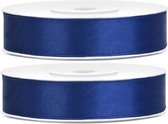 2x Hobby/decoratie donker blauwe satijnen sierlinten 1,2 cm/12 mm x 25 meter - Cadeaulinten satijnlinten/ribbons - Donker blauwe linten - Hobbymateriaal benodigdheden - Verpakkingsmaterialen