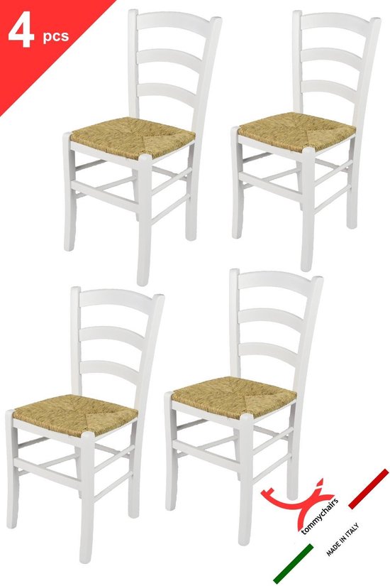 Tommychairs Venezia - Eetkamerstoelen - Set van 4 - Wit - Rotan & Hout