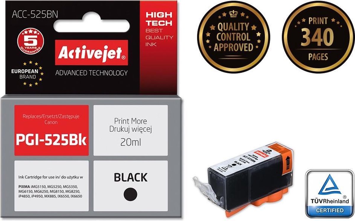 ActiveJet ACC-525BN-inkt voor Canon-printer; Canon PGI-525BK vervanging; Opperste; 20 ml; zwart.