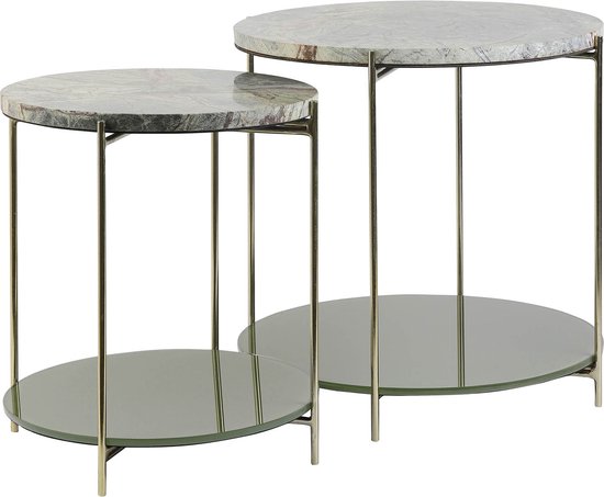 Table d'appoint ronde Besut Light & Living - Vert Marbre / Or/ Glas - Set/ 2 - Ø42x45 + Ø52x50cm