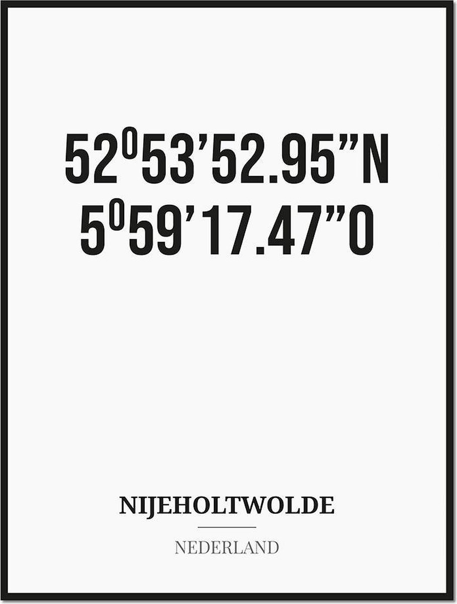Studio216 Poster/kaart NIJEHOLTWOLDE met coördinaten zwart, wit