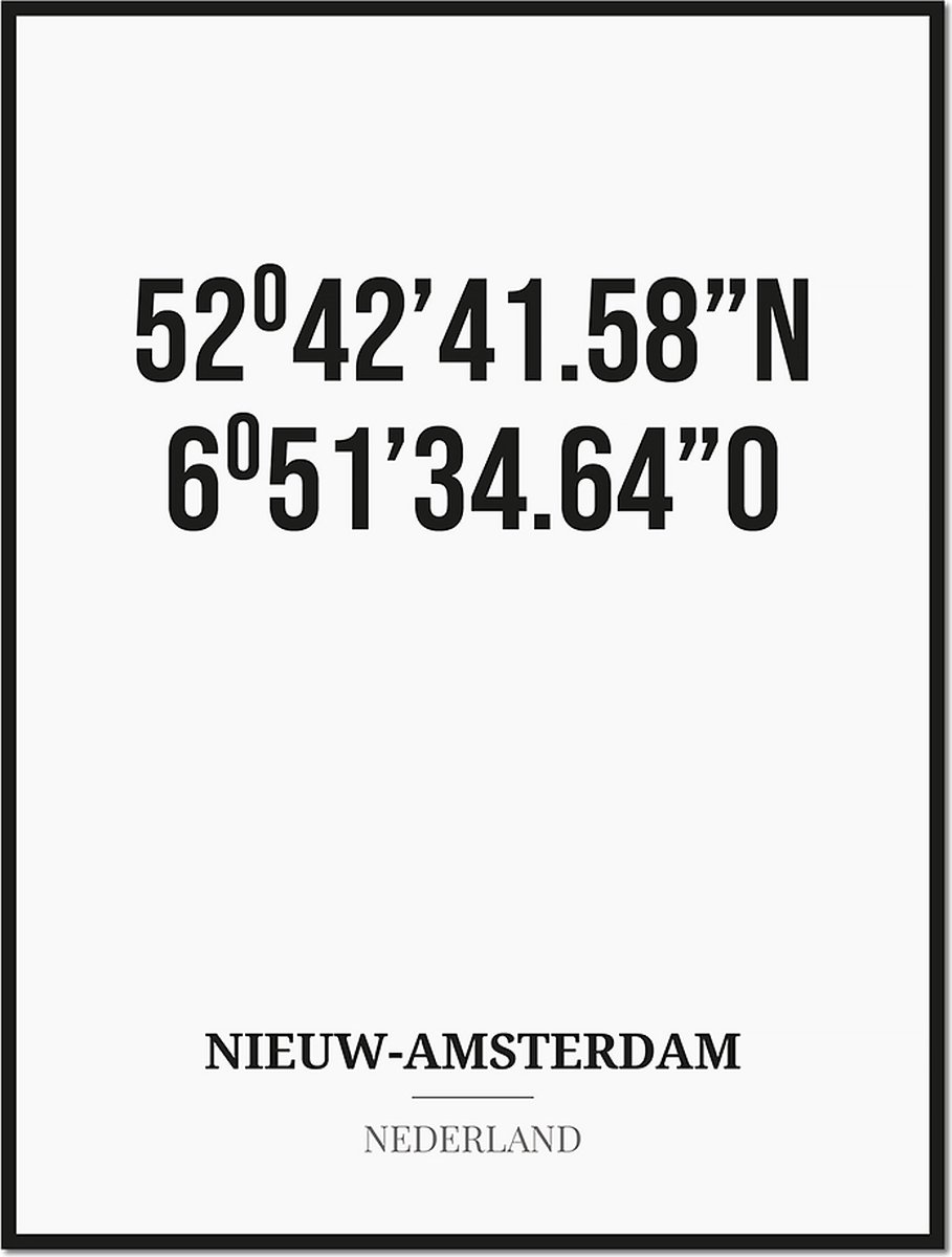 Studio216 Poster/kaart NIEUW-AMSTERDAM met coördinaten zwart, wit