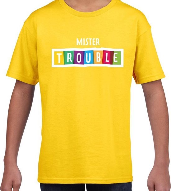 Mister trouble fun tekst t-shirt geel kids - Fun tekst / Verjaardag cadeau / kado t-shirt kids 110/116