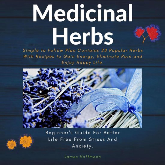 Boekomslag getiteld 'Medicinal Herbs' met een bundel gedroogde lavendel en een blauw lint op een donkere achtergrond.