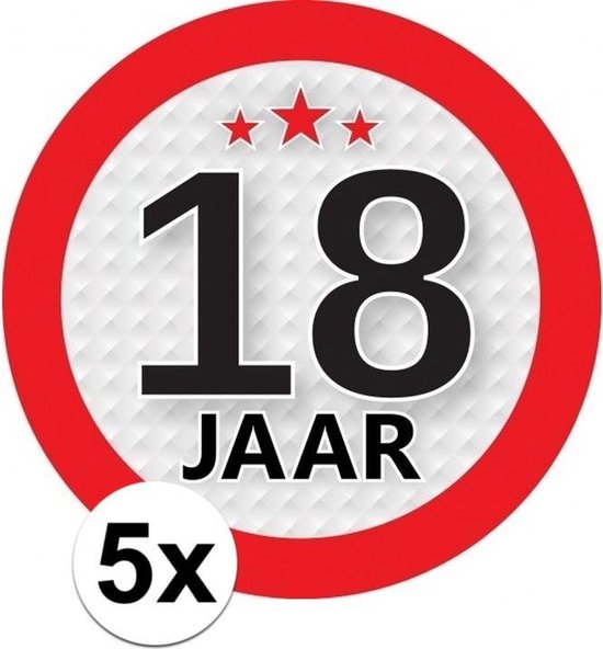 5x 18 Jaar leeftijd stickers rond 9 cm - 18 jaar verjaardag/jubileum versiering